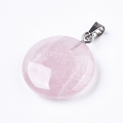 Cuarzo Rosa Colgantes sintéticos de cuarzo rosa, con fianzas de latón en tono platino, plano y redondo, 22~25x19~21x5~7 mm, agujero: 3x6 mm
