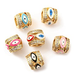 Mixed Color Rack Plating Brass Micro Pave Cubic Zirconia European Beads, with Enamel, Large Hole Beads, Lead Free & Cadmium Free, Barrel with Evil Eye, Real 18K Gold Plated, Mixed Color, 10x12x12mm, Hole: 5.5mm
