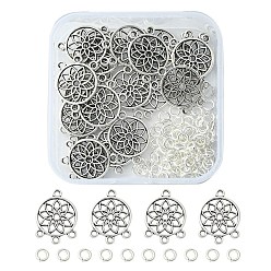 Antique Silver 20Pcs Tibetan Style Alloy Chandelier Component Links, Flat Round with Flower, 100Pcs Brass Jump Rings, Antique Silver, Link: 18.5x13.5x1mm, Hole: 1.4mm, Jump Rings: 4x0.8mm