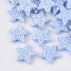 Bleu Ciel Clair Perles acryliques opaques, avec de la poudre de paillettes, étoiles, lumière bleu ciel, 13.5x14.5x4mm, Trou: 1.6mm