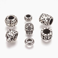 Plata Antigua 304 bolas de acero inoxidable, abalorios de grande agujero, formas mixtas, plata antigua, 8~12x8~10x3.5~13.5 mm, agujero: 4~6 mm