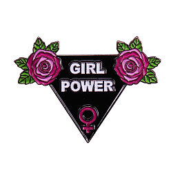 Серо-розавый Треугольник с булавкой из розовой эмали, Латунный значок феминизма со словом «сила девушки» для рюкзака, одежды, электрофорез черный, увядшая роза, 22.5x30x2 мм, штифты : 1.2 мм