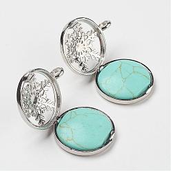 Synthetic Turquoise Synthetic Gemstone Pendants, with Brass Diffuser Locket Findings, Flat Round with Snowflake, 31x26x8mm, Hole: 4mm