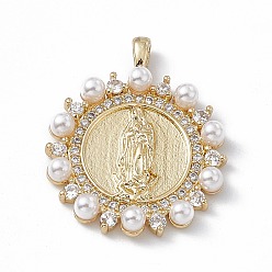 Real 18K Gold Plated Rack Plating Brass Micro Pave Cubic Zirconia Pendants, with Plastic Imitation Pearl, Cadmium Free & Lead Free, Long-Lasting Plated, Flat Round with Religion Virgin Mary Charm, Real 18K Gold Plated, 27x22x3.5mm, Hole: 1.5x3mm