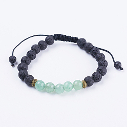 Aventurine Verte Nylon réglable bracelets cordon tressé de perles, avec pierre de lave, perles d'aventurine vertes et alliages, 2-1/8 pouces (54 mm)