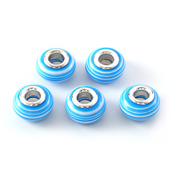 Light Sky Blue Resin European Beads, Large Hole Beads, with Silver Plated Brass Double Cores, Stripe, Rondelle, Light Sky Blue, 14x8~8.5mm, Hole: 5mm