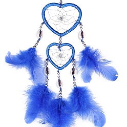 Blue Feather Pendant Decoration with Natural Shell Beaded, Woven Net/Web with Feather, Art Hanging Decors for Garden Window Party, Blue, 350~400mm