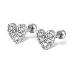 Platinum Cubic Zirconia Heart Stud Earrings for Women, Rhodium Plated 925 Sterling Silver Jewelry, Platinum, 6x6.5mm