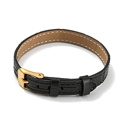 Noir Bracelets de montre texturés en cuir, avec placage ionique (ip) doré 304 boucles en acier inoxydable, bracelets de montre bracelet réglable, noir, 23.2x1~1.25x0.5 cm
