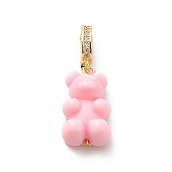 Pink Plastic Bear Dangle Hoop Earrings with Clear Cubic Zirconia, Golden Brass Jewelry for Women, Pink, 32mm, Pin: 1mm