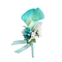 Turquoise Boutonnière corsage fleur imitation cuir pu, pour homme ou marié, garçons d'honneur, mariage, décorations de fête, turquoise, 120x60mm