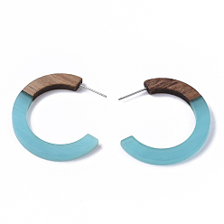 Dark Turquoise Resin & Walnut Wood Stud Earring Findings, Half Hoop Earrings, Imitation Gemstone, with 304 Stainless Steel Pin, Dark Turquoise, 35x35x4mm, Pin: 0.7mm