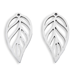 Stainless Steel Color 201 Stainless Steel Pendants, Hollow, Leaf, Stainless Steel Color, 30.5x15.5x1.5mm, Hole: 1.4mm