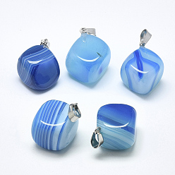 Sky Blue Natural Banded Agate/Striped Agate Pendants, Dyed, with Stainless Steel Snap On Bails, Cube, Stainless Steel Color, Sky Blue, 24~29x19~25x17~25mm, Hole: 3~4x7~8.5mm