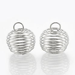 Platine Pendentifs de cage de perle de fil de fer de lanterne creuse, cage à perles en spirale, platine, 28.5x25mm, Trou: 8mm