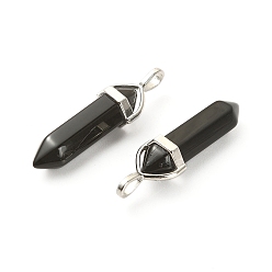 Obsidian 2Pcs Natural Obsidian Double Terminal Pointed Pendants, Faceted Bullet Charms, with Platinum Tone Random Alloy Pendant Hexagon Bead Cap Bails, 36~45x12mm, Hole: 3x5mm, Gemstone: 10mm in diameter