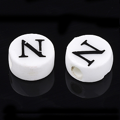 Letter N Handmade Porcelain Beads, Horizontal Hole, Flat Round with Letter, White, Letter.N, 8~8.5x4.5mm, Hole: 2mm