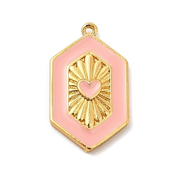 Pink Brass Enamel Pendants, Cadmium Free & Lead Fre, Hexagon with Heart Charm, Golden, Pink, 23x13.5x2.5mm, Hole: 1.2mm