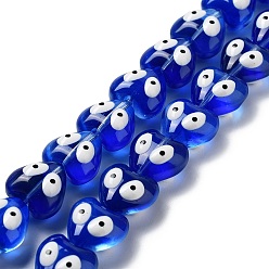 Bleu Moyen  Chapelets de perles en verre transparentes  , avec l'émail, coeur avec le mauvais œil, bleu moyen, 14x14x9mm, Trou: 1mm, Environ 30 pcs/chapelet, 12.28'' (31.2 cm)