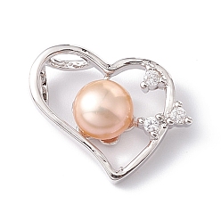 Clair Pendentifs de perles d'eau douce de culture naturelle, avec accessoires zircon cubique micro pave en laiton, platine, cœur, clair, 16.5x21x7mm, Trou: 3.5x2.5mm