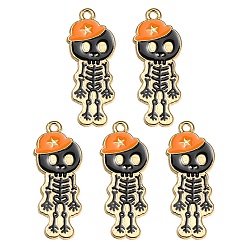 Dark Orange 5Pcs Alloy Enamel Pendants, Skeleton with Hat Charm, Golden, Dark Orange, 32.5x13x1.5mm, Hole: 1.6mm