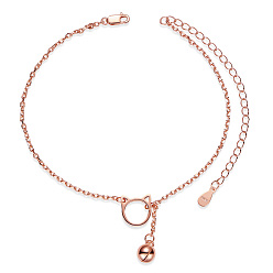 Rose Gold SHEGRACE 925 Sterling Silver Kitten Link Anklets, with Cable Chains, Cat Head and Bell, Rose Gold, 8-1/4 inch(21cm)