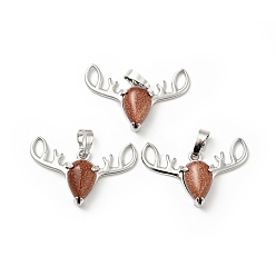 Goldstone Synthetic Goldstone Pendants, with Platinum Tone Brass Findings, Lead Free & Cadmium Free, Deer Head Charms, 23~24x34x7.5mm, Hole: 5x8mm