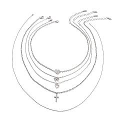 Platine 5 pcs 5 style coeur & bowknot & croix ensemble de colliers pendentif zircone cubique clair, 304 câble en acier inoxydable et chaînes à billes colliers empilables pour femmes, acier inoxydable, 15.39~23.62 pouce (39.1~60 cm), 1 pc / style