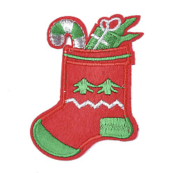 Red Computerized Embroidery Cloth Iron On Patches, Costume Accessories, Appliques, Christmas Stocking, Red, 79x58x1.5mm