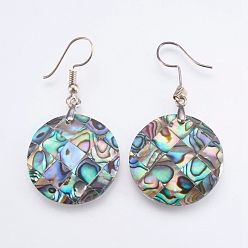 Platinum Abalone Shell/Paua Shell Dangle Earrings, with Brass Findings, Flat Round, Platinum, 47~48mm, Pin: 0.7mm