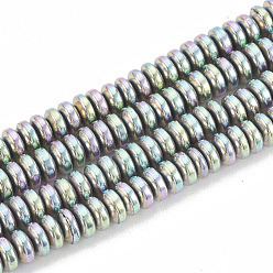 Arco Iris Chapado Electroplate no magnéticas de hematita sintética hebras de cuentas, perlas heishi, Disco redondo plano, arco iris chapado, 4x2 mm, agujero: 1 mm, sobre 210 unidades / cadena, 16.14 pulgada