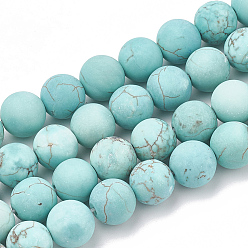 Turquoise Brins de perles de magnésite naturelle, givré, ronde, teints et chauffée, turquoise, 6mm, Trou: 1mm, Environ 63 pcs/chapelet, 15.5 pouce