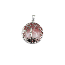 Cherry Quartz Glass Cherry Quartz Glass Pendants, Tree of Life Charms with Platinum Plated Alloy Findings, 31x27mm