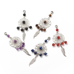 Pierre Mélangete Décorations pendantes en pierres naturelles, toile/filet tissé avec ornements suspendus en plumes, breloques fermoir mousqueton, 87mm