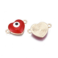 Red Alloy Links connectors, with Enamel, Heart with Evil Eye, Light Gold, Red, 13.5x20.5x4.5mm, Hole: 1.8mm