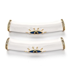 White Brass Micro Pave Clear Cubic Zirconia Tube Beads, Long-Lasting Plated, with Enamel, Tube with Evil Eye, Real 18K Gold Plated, White, 38x8x7.5mm, Hole: 4mm