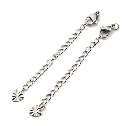 Stainless Steel Color 304 Stainless Steel Curb Chain Extender, End Chains with Lobster Claw Clasps and Heart Chain Tabs, Stainless Steel Color, 68mm