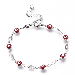 Stainless Steel Color 304 Stainless Steel Link Bracelets, with Enamel and Lobster Claw Clasps, Evil Eye & Oval, Red, Stainless Steel Color, 7-5/8 inch(19.5cm)