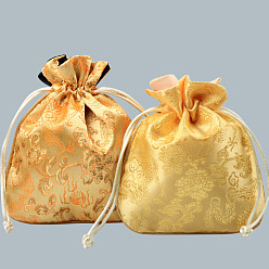 Jaune Sacs-cadeaux de bijoux de cordon de soie de style chinois, pochettes de rangement pour bijoux, doublure couleur aléatoire, rectangle avec motif dragon, jaune, 15x11.5 cm