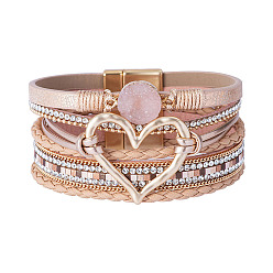 Pink Bracelets multi-étoiles en simili cuir, strass style bohème et cristal druzy, bracelet à maillons pour femme, rose, 7-5/8 pouce (19.5 cm), 30mm