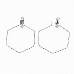 Stainless Steel Color 304 Stainless Steel Wire Pendants, Hoop Earring Findings, Hexagon, Stainless Steel Color, 18 Gauge, 34.5x25x1mm, Hole: 1.2mm