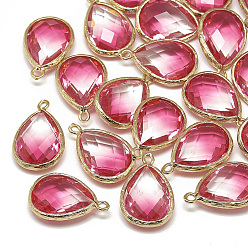 Rose Chaud Pendentifs en verre, avec les accessoires en laiton de tonalité d'or, facette, larme, rose chaud, 23x15x7mm, Trou: 1.5~2mm