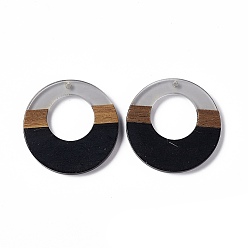 Black Opaque Resin & Walnut Wood Pendants, Ring Charms, Black, 38x3.5mm, Hole: 2mm