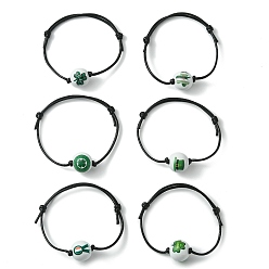 Mixed Color Saint Patrick's Day Wood Round Braided Beaded Bracelets, Waxed Polyester Cords Adjustable Bracelet, Mixed Color, Inner Diameter: 3~3-1/8 inch(7.5~8cm)
