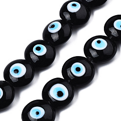 Black Handmade Evil Eye Lampwork Beads Strands, Flat Round, Black, 14~16x16~17x8.5~9mm, Hole: 1mm, about 25pcs/strand, 14.96 inch(38cm)