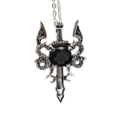 Obsidienne Collier pendentif épée de dragon en obsidienne naturelle, bijoux en alliage gothique pour hommes femmes, argent antique et platine, 19.69 pouce (50 cm)