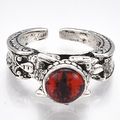 Red Alloy Cuff Finger Rings, with Glass, Wide Band Rings, Dragon Eye, Antique Silver, Red, US Size 8 1/2(18.5mm)