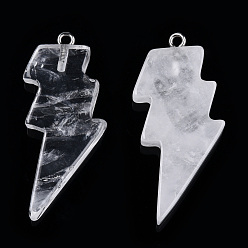 Quartz Crystal Natural Quartz Crystal Pendants, Rock Crystal Pendants, Lightning Bolt Charm, with Stainless Steel Color Tone 304 Stainless Steel Loops, 40~44.5x17~20x4.5~6mm, Hole: 2mm