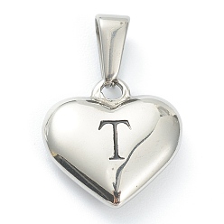 Letter T 304 подвески из нержавеющей стали, сердце с черной буквой, цвет нержавеющей стали, letter.t, 16x16x4.5 мм, отверстие : 7x3 мм