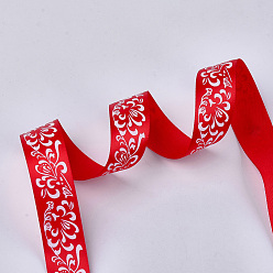 Red Single Face Satin Ribbon, Polyester Ribbon, Flower Pattern, Red, 1 inch(25mm), about 50yards/roll(45.72m/roll)